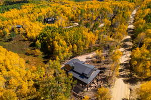 View from above of property featuring a forest