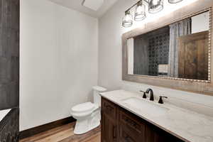 Bathroom with wood finished floors and vanity