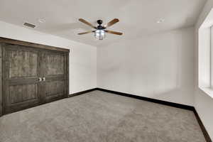 Unfurnished bedroom with carpet floors, recessed lighting, and a ceiling fan