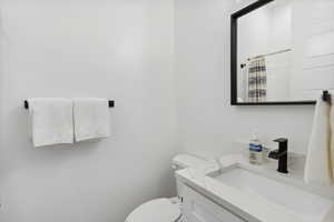 Bathroom with vanity and curtained shower