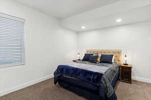 Bedroom featuring carpet flooring, recessed lighting, and multiple windows