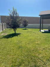Fenced backyard featuring a patio