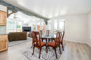 Dining space featuring light wood-type flooring, a ceiling fan, beam ceiling, and recessed lighting