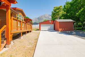 Detached garage with a mountain view