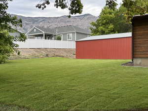 View of yard featuring an outdoor structure, a mountain view, and an outbuilding