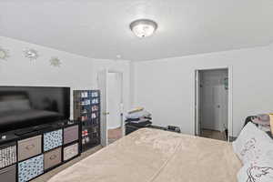 Bedroom with a textured ceiling
