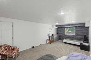 Carpeted living area featuring a textured ceiling and recessed lighting