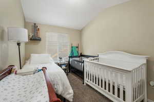 Bedroom featuring vaulted ceiling and carpet