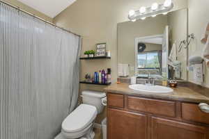Ensuite bathroom with vanity and a shower with curtain