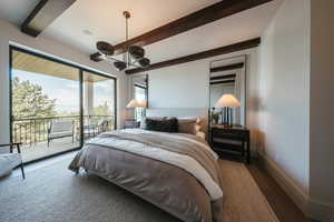 Bedroom featuring a chandelier, access to outside, beam ceiling, and wood finished floors