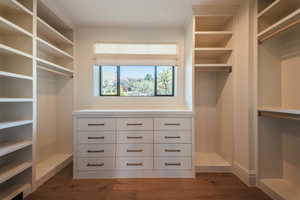 Walk in closet with dark wood-style flooring