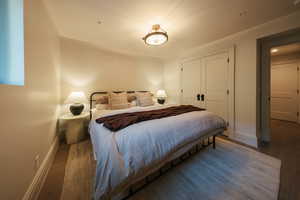 Bedroom featuring wood finished floors and a closet