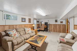 Carpeted living room with a wainscoted wall and wood walls