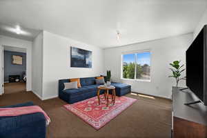 Living room featuring dark colored carpet