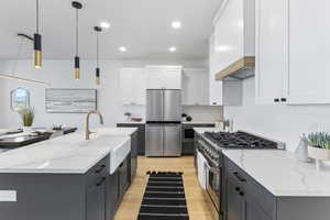 Kitchen with stainless steel appliances, custom range hood, light wood finished floors, backsplash, and a sink