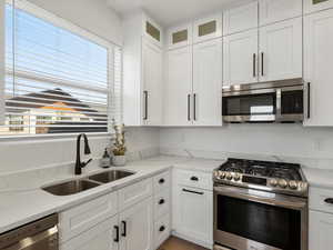 Kitchen with appliances with stainless steel finishes, white cabinetry, and glass insert cabinets