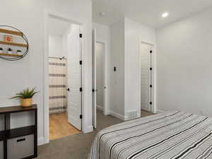 Bedroom with carpet and recessed lighting