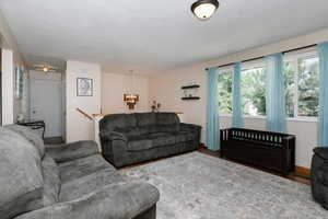 Living room with a chandelier, wood finished floors, and a textured ceiling