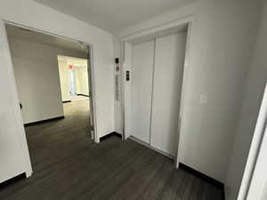 Hallway with dark wood finished floors and elevator