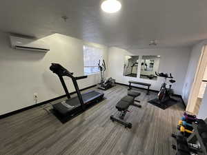 Exercise room featuring an AC wall unit and carpet