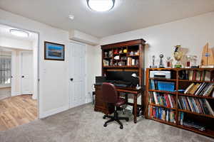 Carpeted home office with a textured ceiling and baseboards