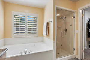 Full bath featuring a shower stall, a bath, and vanity
