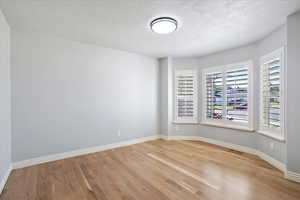 Unfurnished room featuring light wood finished floors and a textured ceiling
