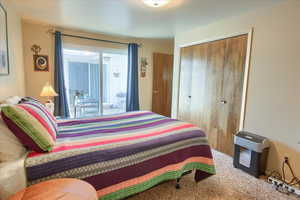 Carpeted bedroom featuring a closet and access to outside