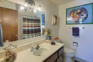 Bathroom with vanity and a shower.