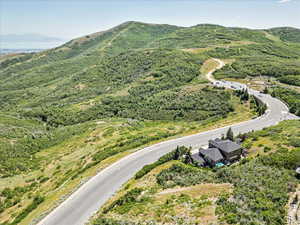 Drone / aerial view of a mountainous background
