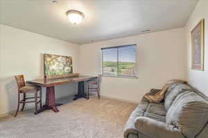 Office with light carpet and baseboards