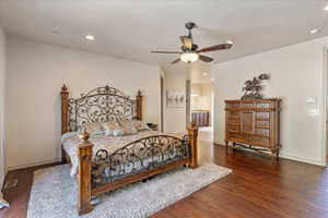 Bedroom featuring hardwood / wood-style floors, recessed lighting, and ceiling fan