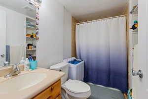Full bathroom with vanity and a shower with curtain