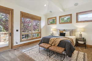 Bedroom featuring carpet floors, access to exterior, and recessed lighting