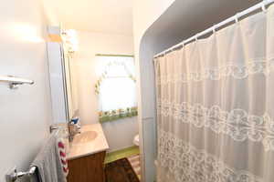 Full bathroom with vanity and curtained shower