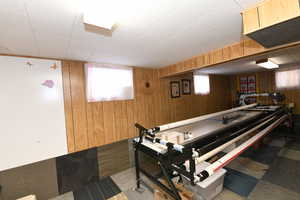 Recreation room featuring wood walls and carpet flooring