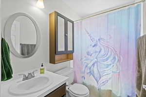 Full bath with vanity and a shower with curtain