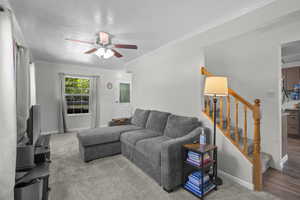 Carpeted living room with a ceiling fan, ornamental molding, stairs, and a textured ceiling