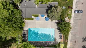 Drone / aerial view of a pool area