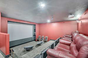 Carpeted cinema room with baseboards and recessed lighting