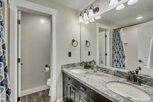 Bathroom featuring wood finished floors, double vanity, and a shower with curtain