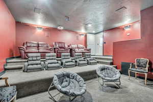 Carpeted cinema with a textured ceiling
