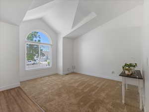 Spare room with lofted ceiling and carpet