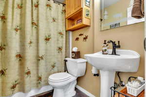 Bathroom with toilet and a shower with curtain