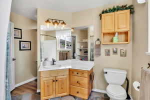 Full bath featuring vanity and curtained shower