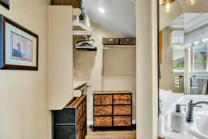 Walk in closet with wood finished floors and vaulted ceiling