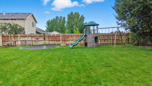 Fenced backyard featuring a playground