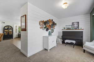 Sitting room with carpet and wood walls