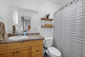 Full bath featuring vanity and a shower with shower curtain