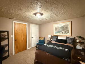 Carpeted den featuring a textured ceiling